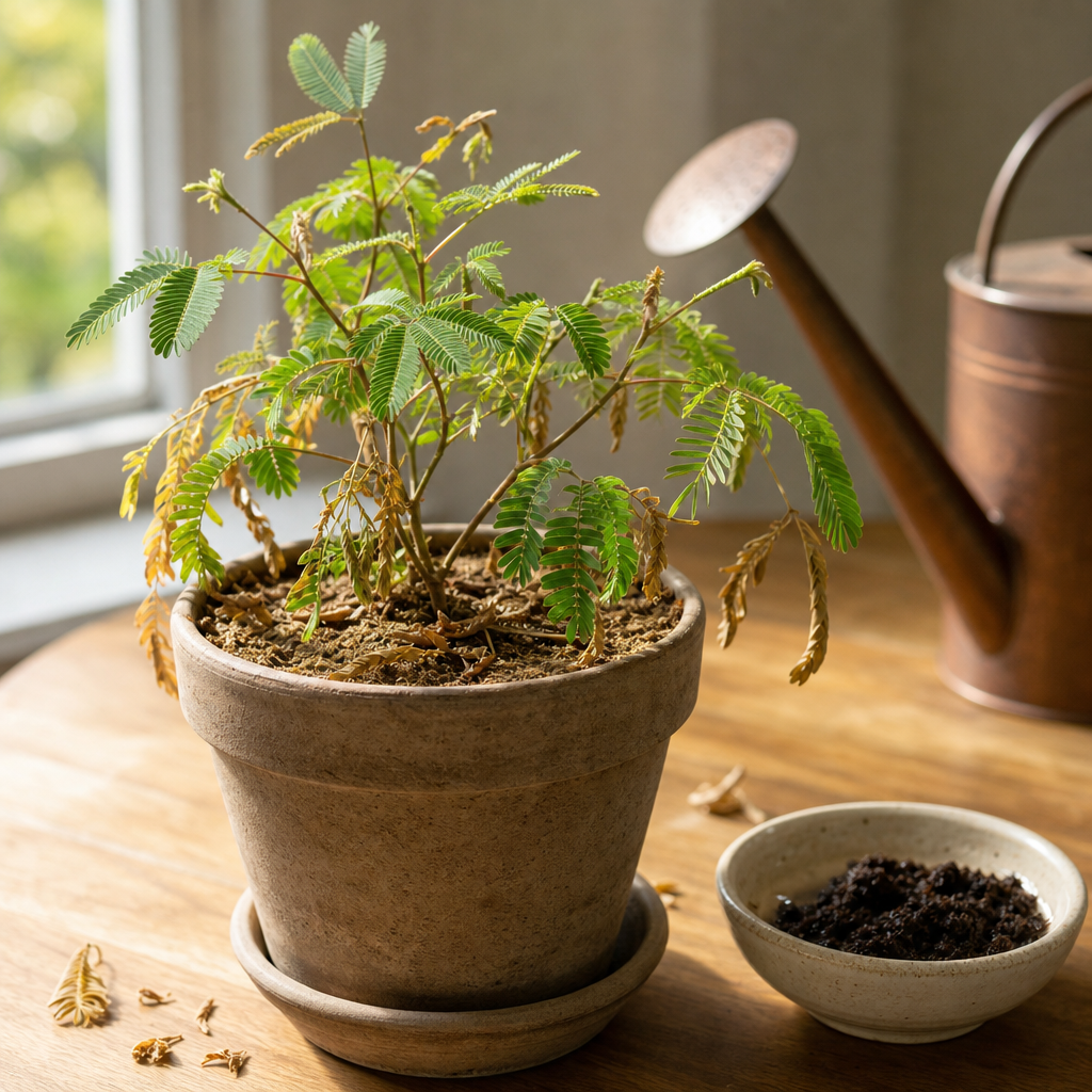 Mimosa avec des feuilles sèches : causes et solutions